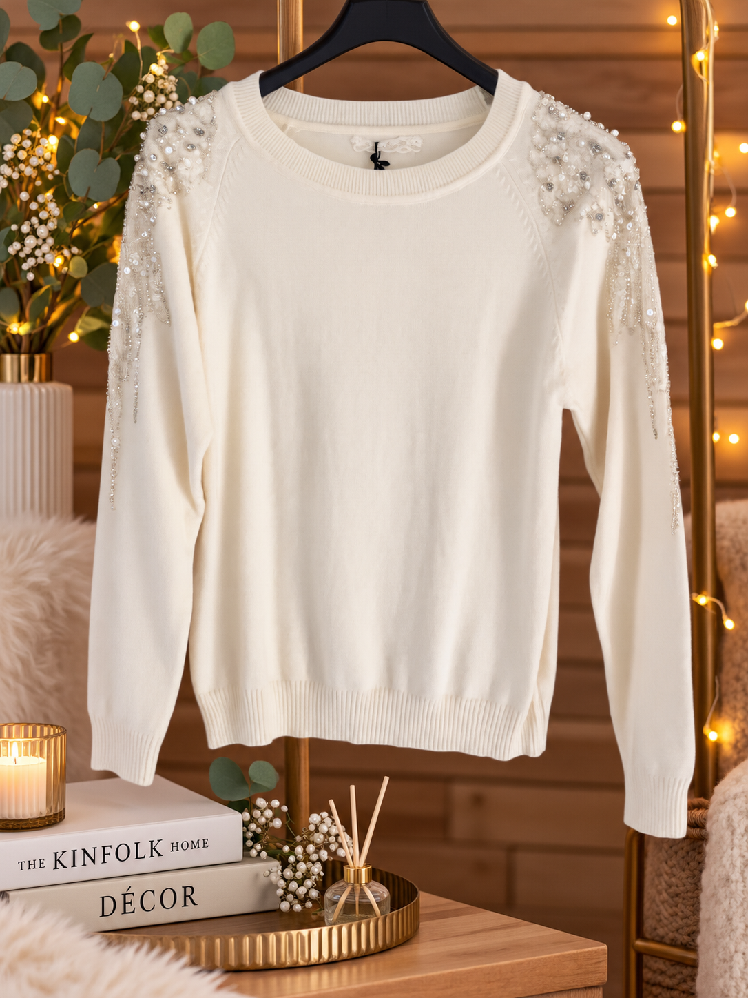 Pull écru perles et sequins
