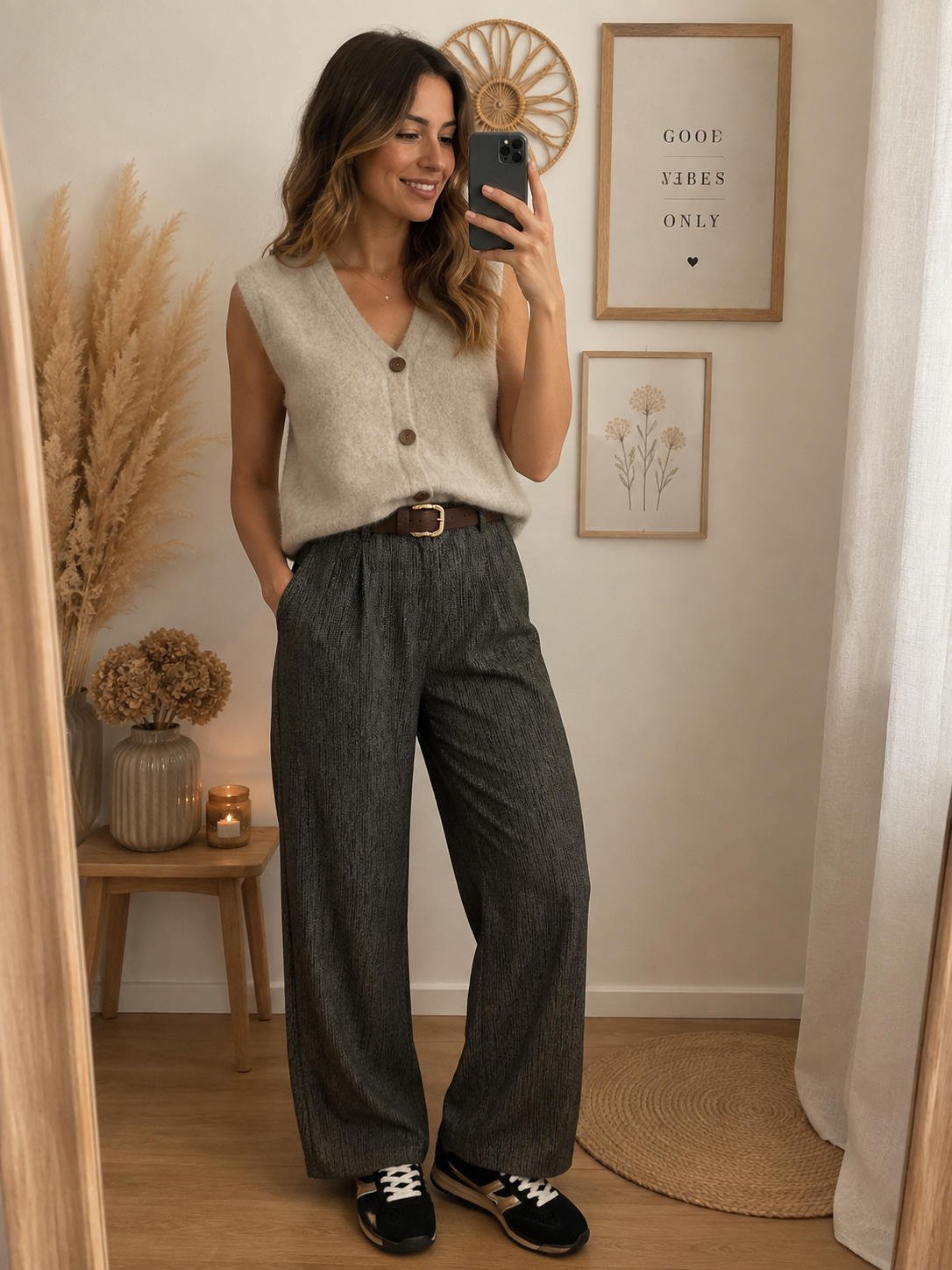 Pantalon rayé noir et beige
