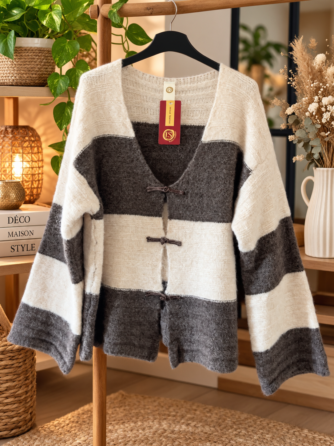 Gilet rayé taupe et crème