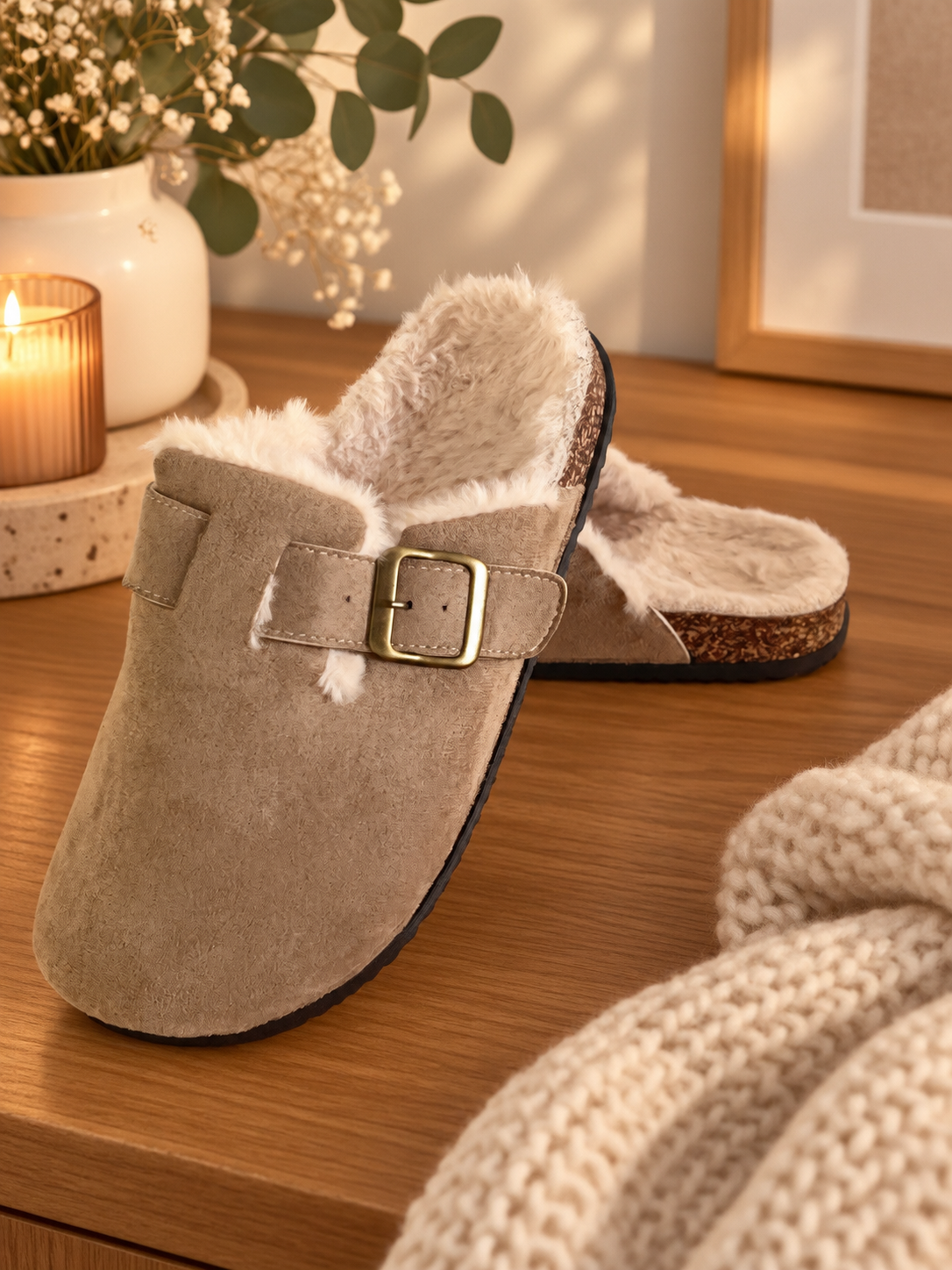 Mules fourré beige