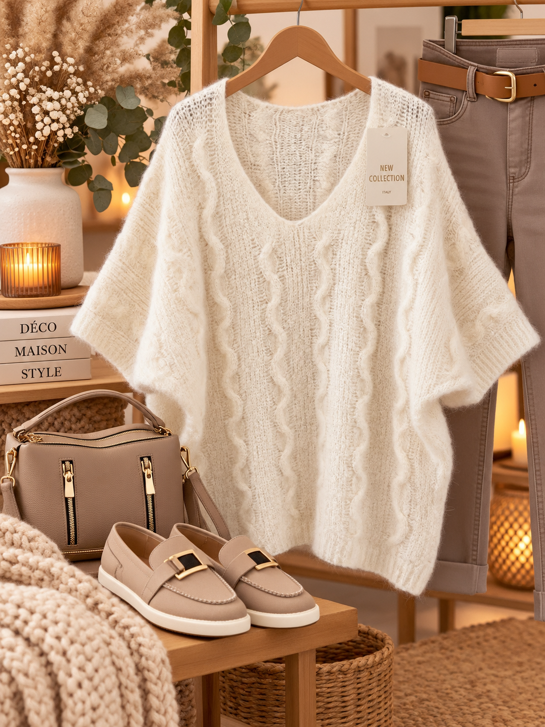 Pull sans manches torsadée crème