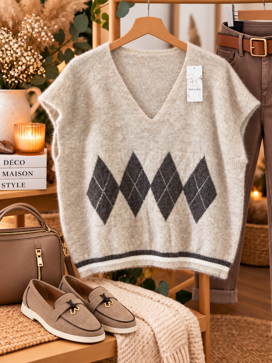 Pull sans manches taupe losange