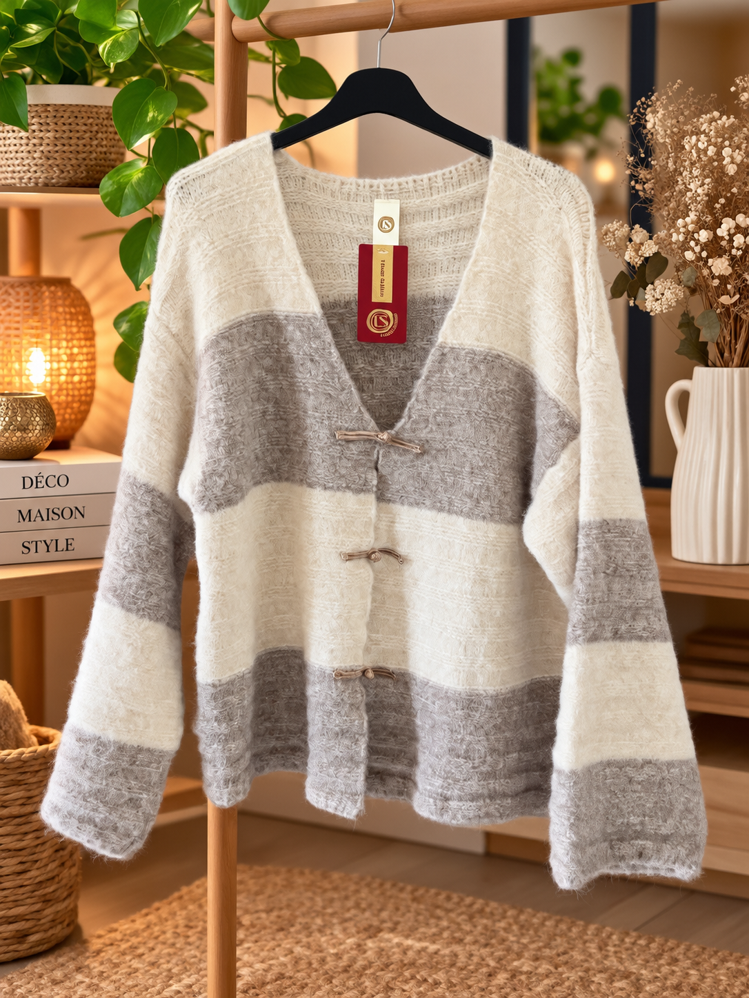 Gilet rayé beige et crème
