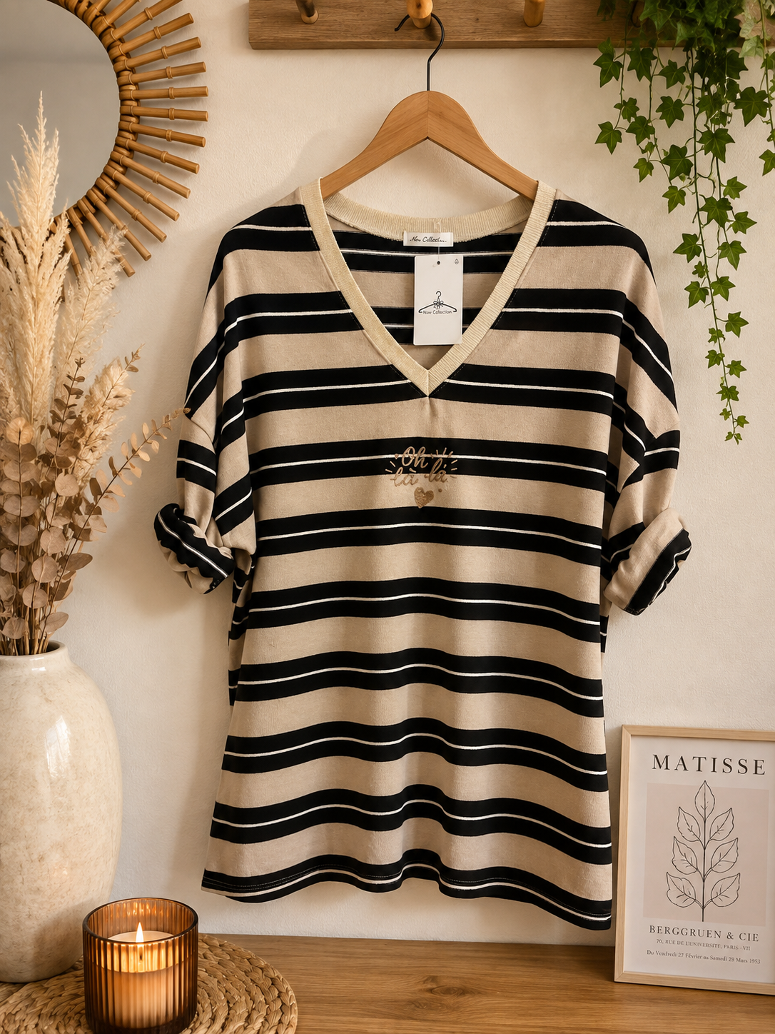 Haut rayé noir et beige