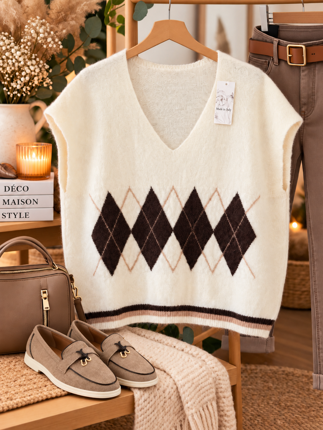 Pull sans manches crème losange