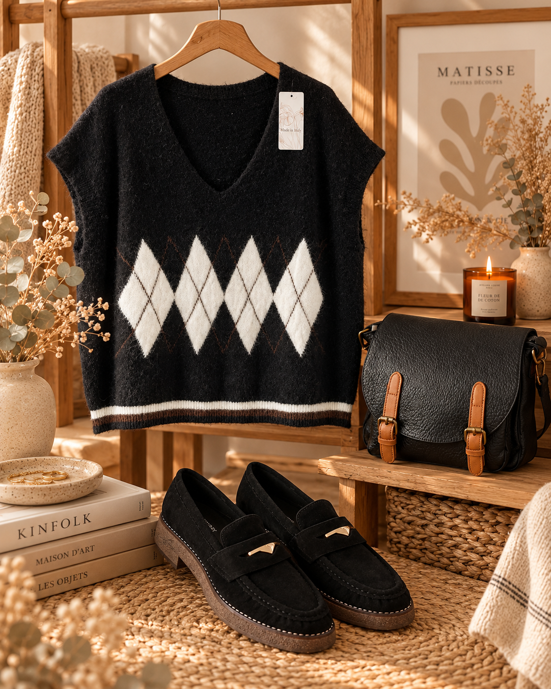 Pull sans manches losange noir
