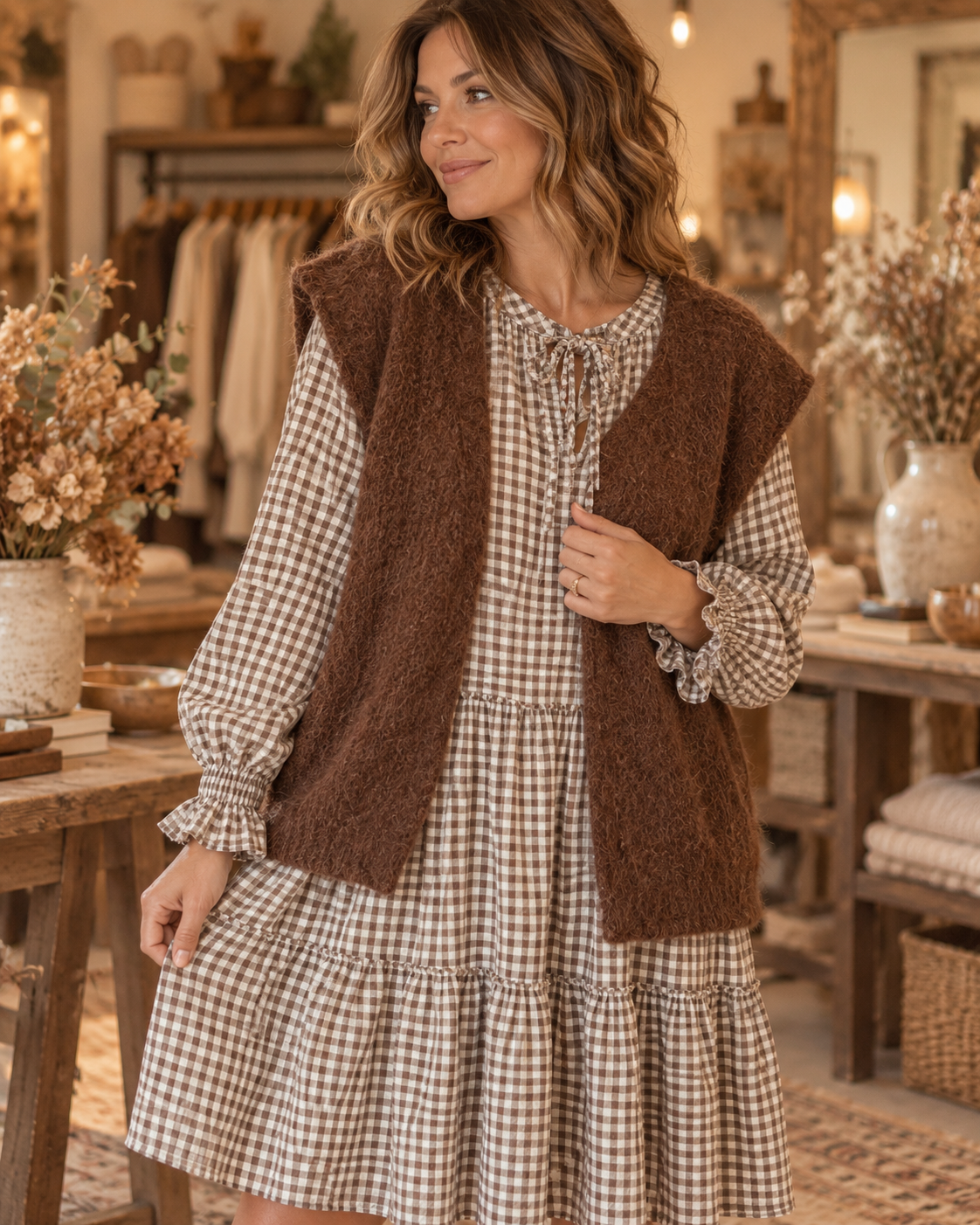 Robe à carreaux taupe