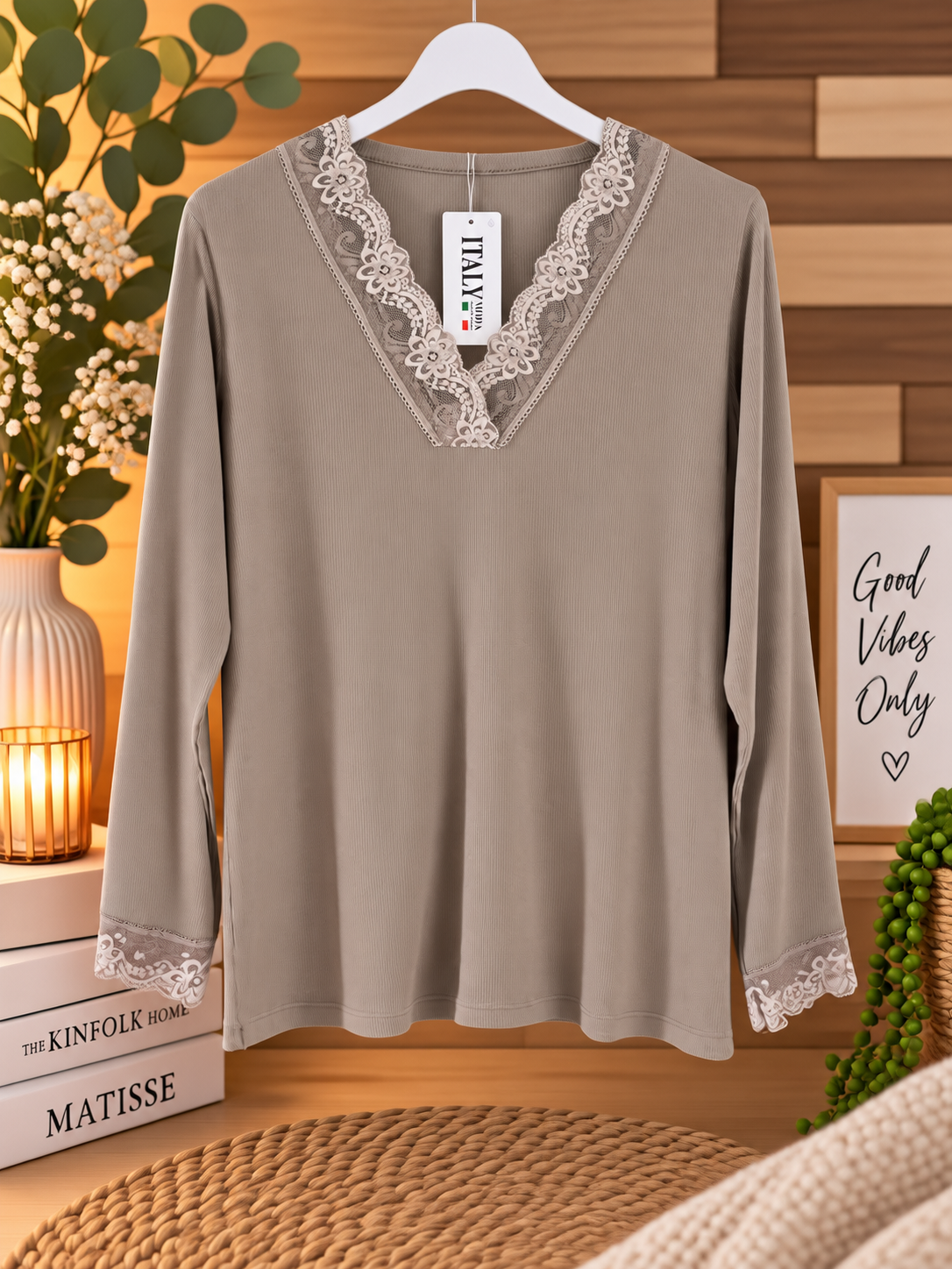 Top dentelle taupe