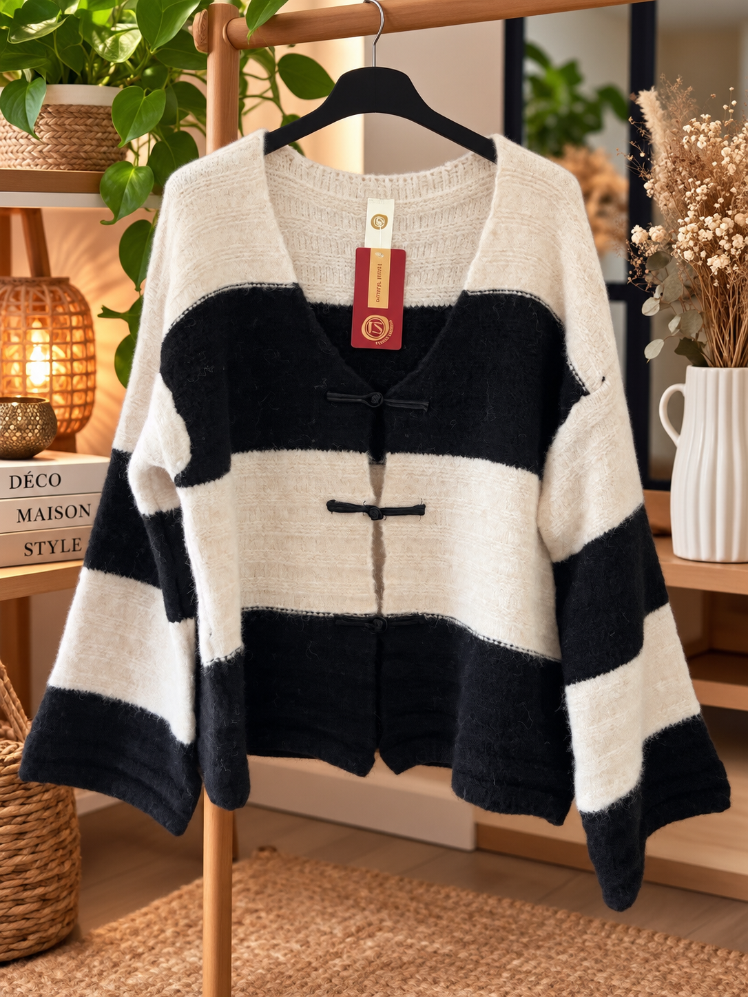 Gilet rayé noir et crème