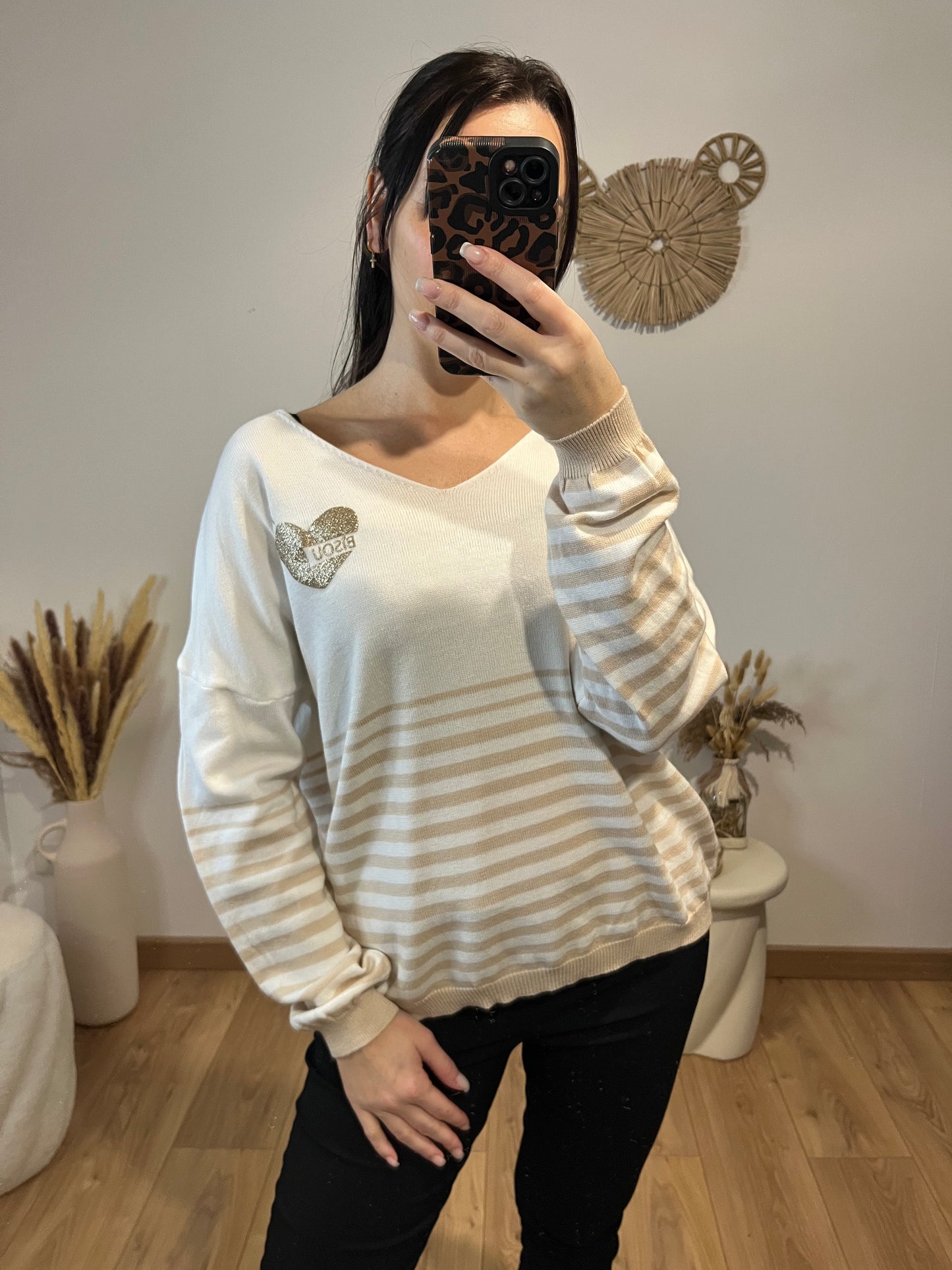 Pull marinière beige